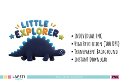 Navy dinosaur illustration with colorful lettering and transparent background