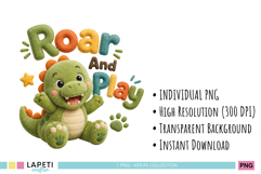 Green stuffed toy dinosaur illustration with colorful fabric letters
