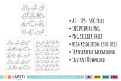 Kawaii dinosaur outline illustrations for coloring projects