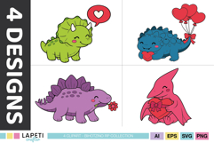 Kawaii dinosaur illustrations with hearts and balloons