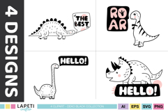Black and white dinosaur PNG designs with soft pink accents and word art