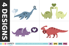 Valentine themed dinosaur clipart collection.
