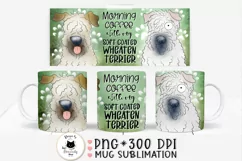 funny dog mug design with soft coated wheaten terrier illustration and a phrase