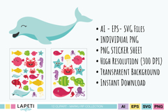 Cute dolphin illustration in pastel blue, ocean animal clipart with smiling face.