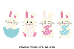 Four cute Easter bunny illustrations with colorful patterned eggs and a blue eggshell
