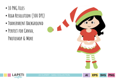 Adorable Christmas elf girl in red dress and striped hat, part of the SAKU Collection clipart pack.