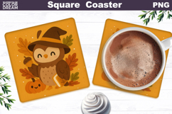 Cute Owl Witch Hat Square Coaster | Fall Pumpkin Leaves Product Image 1