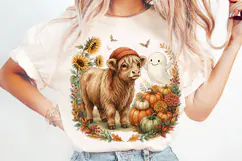 Cute fall highland cow ghost Spooky Season PNG Designs Product Image 3