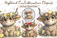 Cute Highland Cow Clipart PNG Bundle, Watercolor Baby Cow Product Image 1