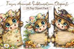 Cute Highland Cow Clipart PNG Bundle, Watercolor Farm Animal Product Image 1