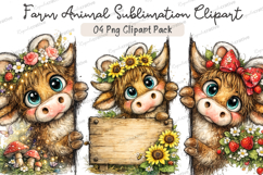 Cute Highland Cow Clipart PNG Bundle, Watercolor Farm Animal Product Image 1
