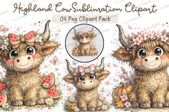 Cute Highland Cow Clipart PNG Bundle, Watercolor Baby Cow Product Image 1