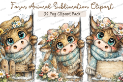 Cute Highland Cow Clipart PNG Bundle, Watercolor Farm Animal Product Image 1