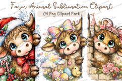 Cute Highland Cow Clipart PNG Bundle, Watercolor Farm Animal Product Image 1