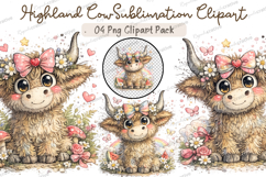 Cute Highland Cow Clipart PNG Bundle, Watercolor Baby Cow Product Image 1