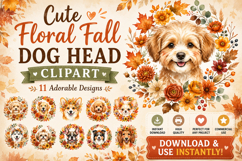 Cute Floral Fall Dog Head PNG Clipart Bundle Product Image 1