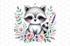 Cute Floral Watercolor Raccoon Clipart Sublimation PNG
