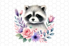 Cute Floral Watercolor Raccoon Clipart Sublimation PNG