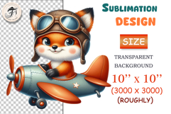 Cute cartoon fox pilot flying a vintage airplane, watercolor sublimation clipart for kids, nursery decor, stickers, t-shirts, and greeting cards.