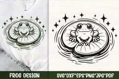 Cute frog on a lily pad SVG with a big smile, surrounded by circular pond ripples and sparkling stars, perfect for kids’ t-shirts, nursery wall art, stickers, classroom decor, Cricut and Silhouette crafts