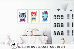 funny dressed cat illustrations shown on nursery wall decor