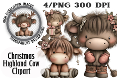 Cute &amp; Funny Christmas Highland Cow Clipart Product Image 1