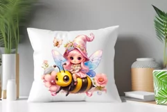 Discover adorable clipart of a cute garden gnome girl flying on a bee, ideal for enhancing children's books, greeting cards, posters, and websites with charm and magic. High-quality image with vibrant colors for memorable designs.