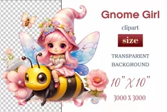 Discover adorable clipart of a cute garden gnome girl flying on a bee, ideal for enhancing children's books, greeting cards, posters, and websites with charm and magic. High-quality image with vibrant colors for memorable designs.
