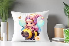 Discover adorable clipart of a cute garden gnome girl flying on a bee, ideal for enhancing children's books, greeting cards, posters, and websites with charm and magic. High-quality image with vibrant colors for memorable designs.