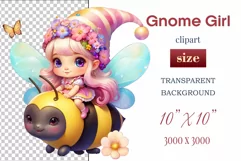 Discover adorable clipart of a cute garden gnome girl flying on a bee, ideal for enhancing children's books, greeting cards, posters, and websites with charm and magic. High-quality image with vibrant colors for memorable designs.