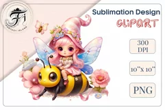 Discover adorable clipart of a cute garden gnome girl flying on a bee, ideal for enhancing children's books, greeting cards, posters, and websites with charm and magic. High-quality image with vibrant colors for memorable designs.