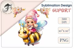 Discover adorable clipart of a cute garden gnome girl flying on a bee, ideal for enhancing children's books, greeting cards, posters, and websites with charm and magic. High-quality image with vibrant colors for memorable designs.