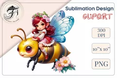 Discover adorable clipart of a cute garden gnome girl flying on a bee, ideal for enhancing children's books, greeting cards, posters, and websites with charm and magic. High-quality image with vibrant colors for memorable designs.