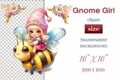 Discover adorable clipart of a cute garden gnome girl flying on a bee, ideal for enhancing children's books, greeting cards, posters, and websites with charm and magic. High-quality image with vibrant colors for memorable designs.
