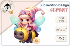 Discover adorable clipart of a cute garden gnome girl flying on a bee, ideal for enhancing children's books, greeting cards, posters, and websites with charm and magic. High-quality image with vibrant colors for memorable designs.