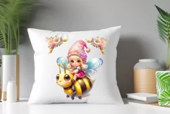 Discover adorable clipart of a cute garden gnome girl flying on a bee, ideal for enhancing children's books, greeting cards, posters, and websites with charm and magic. High-quality image with vibrant colors for memorable designs.