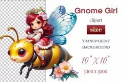 Discover adorable clipart of a cute garden gnome girl flying on a bee, ideal for enhancing children's books, greeting cards, posters, and websites with charm and magic. High-quality image with vibrant colors for memorable designs.