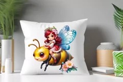 Discover adorable clipart of a cute garden gnome girl flying on a bee, ideal for enhancing children's books, greeting cards, posters, and websites with charm and magic. High-quality image with vibrant colors for memorable designs.