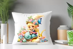 Discover adorable clipart of a cute garden gnome girl riding a snail, ideal for enhancing children's books, greeting cards, posters, and websites with charm and magic. High-quality image with vibrant colors for memorable designs.