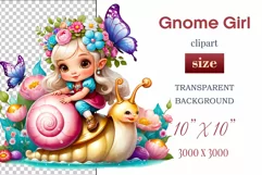 Discover adorable clipart of a cute garden gnome girl riding a snail, ideal for enhancing children's books, greeting cards, posters, and websites with charm and magic. High-quality image with vibrant colors for memorable designs.