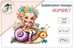 Discover adorable clipart of a cute garden gnome girl riding a snail, ideal for enhancing children's books, greeting cards, posters, and websites with charm and magic. High-quality image with vibrant colors for memorable designs.