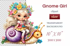 Discover adorable clipart of a cute garden gnome girl riding a snail, ideal for enhancing children's books, greeting cards, posters, and websites with charm and magic. High-quality image with vibrant colors for memorable designs.