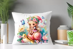 Discover adorable clipart of a cute garden gnome girl riding a snail, ideal for enhancing children's books, greeting cards, posters, and websites with charm and magic. High-quality image with vibrant colors for memorable designs.