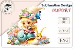 Discover adorable clipart of a cute garden gnome girl riding a snail, ideal for enhancing children's books, greeting cards, posters, and websites with charm and magic. High-quality image with vibrant colors for memorable designs.