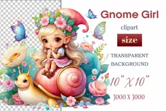 Discover adorable clipart of a cute garden gnome girl riding a snail, ideal for enhancing children's books, greeting cards, posters, and websites with charm and magic. High-quality image with vibrant colors for memorable designs.