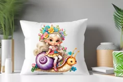 Discover adorable clipart of a cute garden gnome girl riding a snail, ideal for enhancing children's books, greeting cards, posters, and websites with charm and magic. High-quality image with vibrant colors for memorable designs.