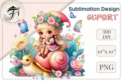 Discover adorable clipart of a cute garden gnome girl riding a snail, ideal for enhancing children's books, greeting cards, posters, and websites with charm and magic. High-quality image with vibrant colors for memorable designs.