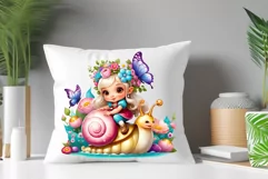 Discover adorable clipart of a cute garden gnome girl riding a snail, ideal for enhancing children's books, greeting cards, posters, and websites with charm and magic. High-quality image with vibrant colors for memorable designs.