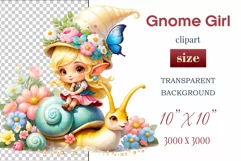 Discover adorable clipart of a cute garden gnome girl riding a snail, ideal for enhancing children's books, greeting cards, posters, and websites with charm and magic. High-quality image with vibrant colors for memorable designs.