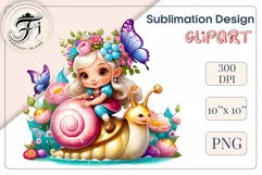 Discover adorable clipart of a cute garden gnome girl riding a snail, ideal for enhancing children's books, greeting cards, posters, and websites with charm and magic. High-quality image with vibrant colors for memorable designs.
